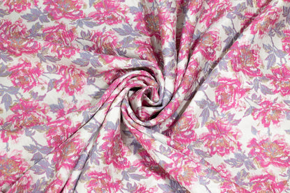 Hot Pink, Lavender, and Off-White Metallic Floral Brocade - Prime Fabrics