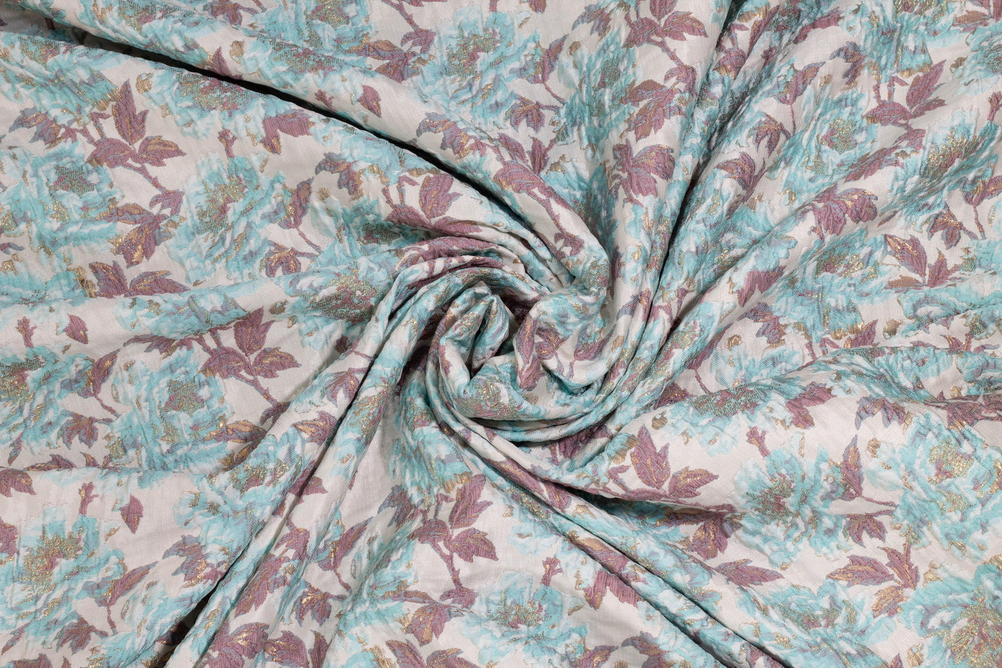 Aqua Green, Plum, and Off-White Metallic Floral Brocade - Prime Fabrics