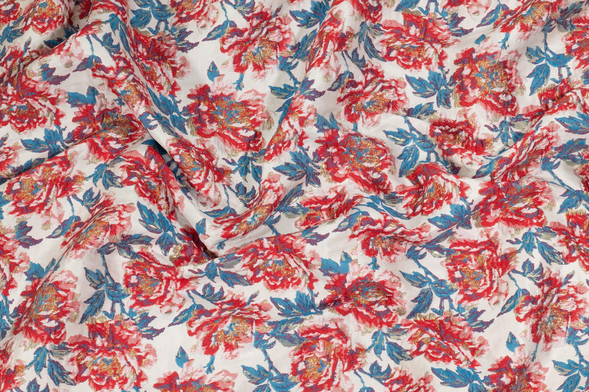 Red, Blue, and Off-White Floral Metallic Brocade - Prime Fabrics