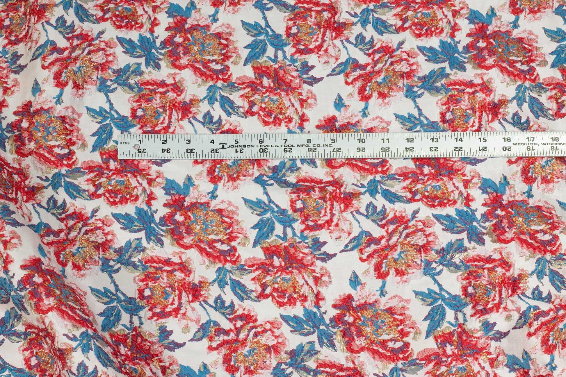 Red, Blue, and Off-White Floral Metallic Brocade - Prime Fabrics