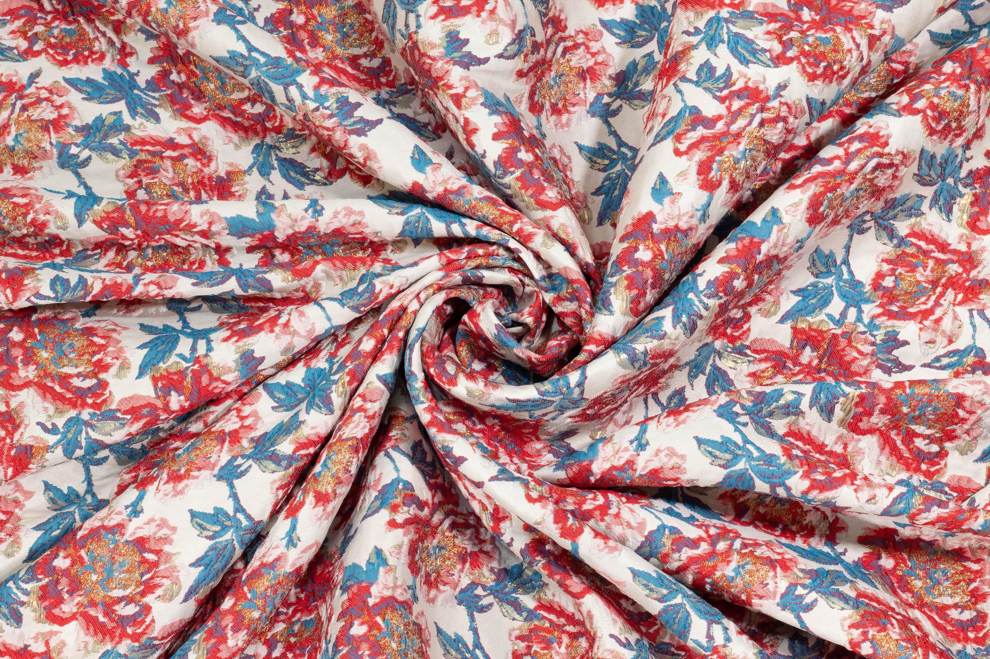 Red, Blue, and Off-White Floral Metallic Brocade - Prime Fabrics