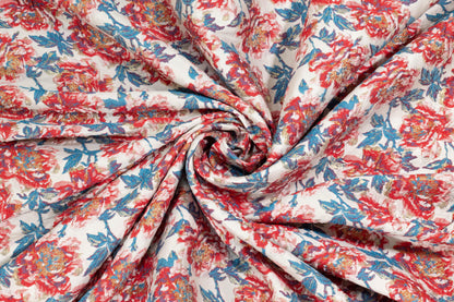 Red, Blue, and Off-White Floral Metallic Brocade - Prime Fabrics