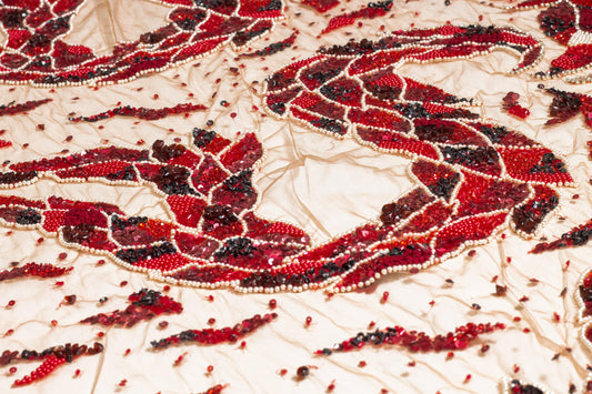 Snake Design Hand Beaded, Embroidered, and Sequined Mesh - Red - Prime Fabrics