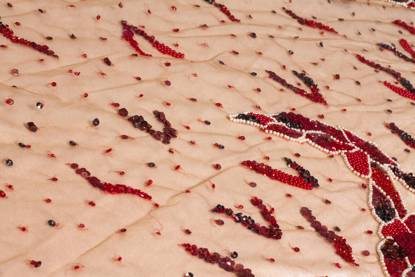 Snake Design Hand Beaded, Embroidered, and Sequined Mesh - Red - Prime Fabrics
