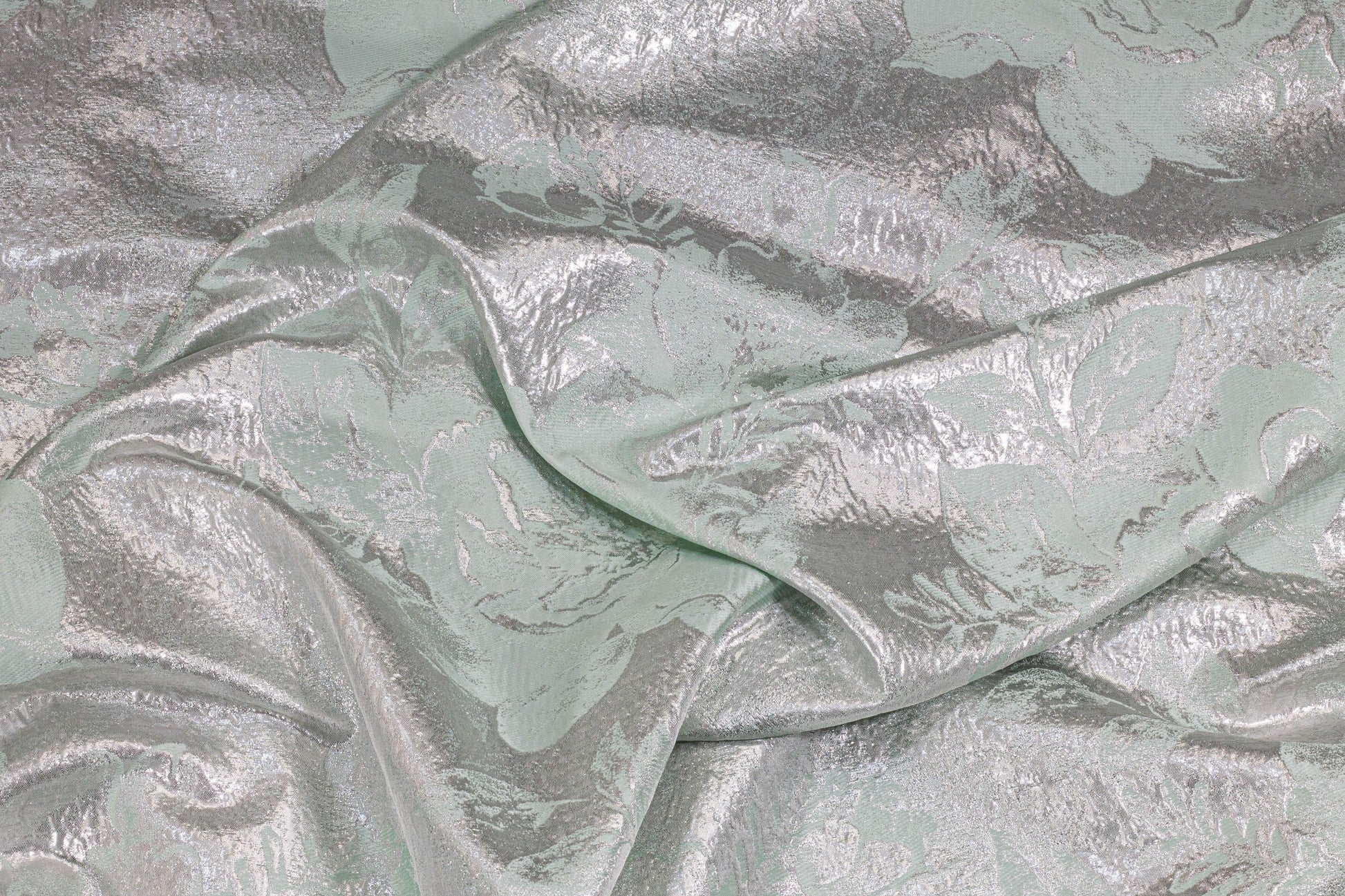 Silver and Mint Green Floral Metallic Crushed Brocade - Prime Fabrics