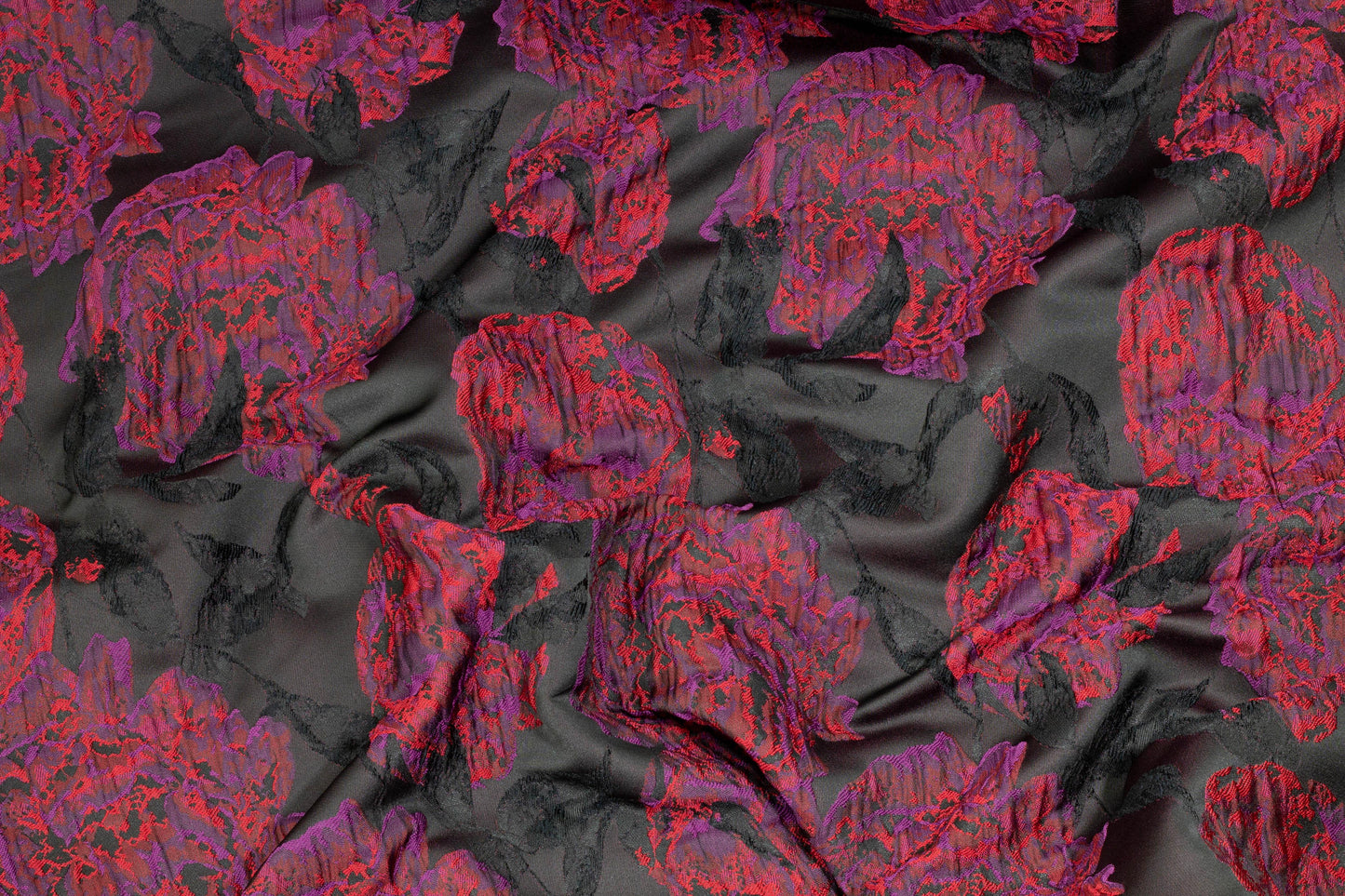 Red, Purple and Black Floral Crushed Brocade - Prime Fabrics