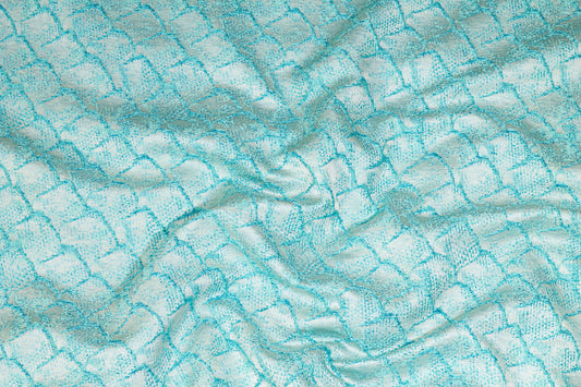 Turquoise Blue Metallic Fish Scale Design Brocade - Prime Fabrics