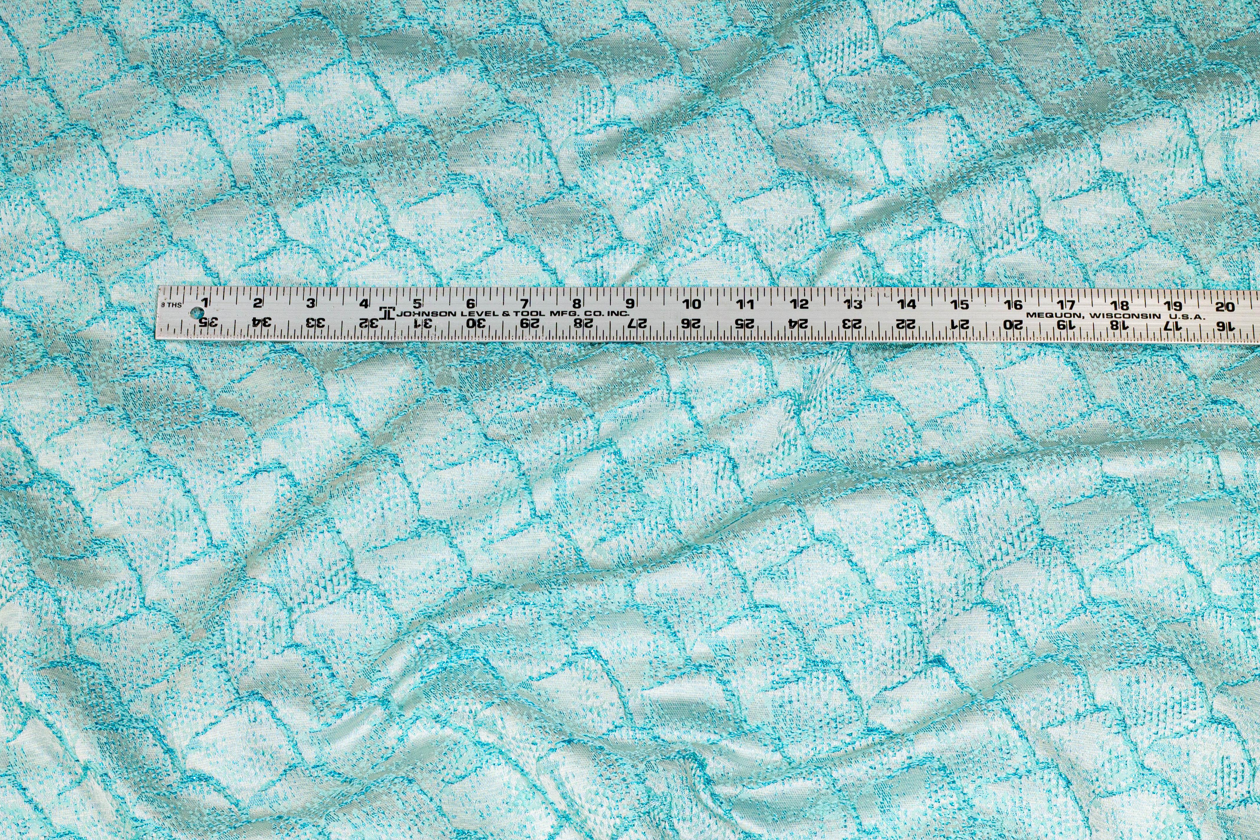 Turquoise Blue Metallic Fish Scale Design Brocade - Prime Fabrics
