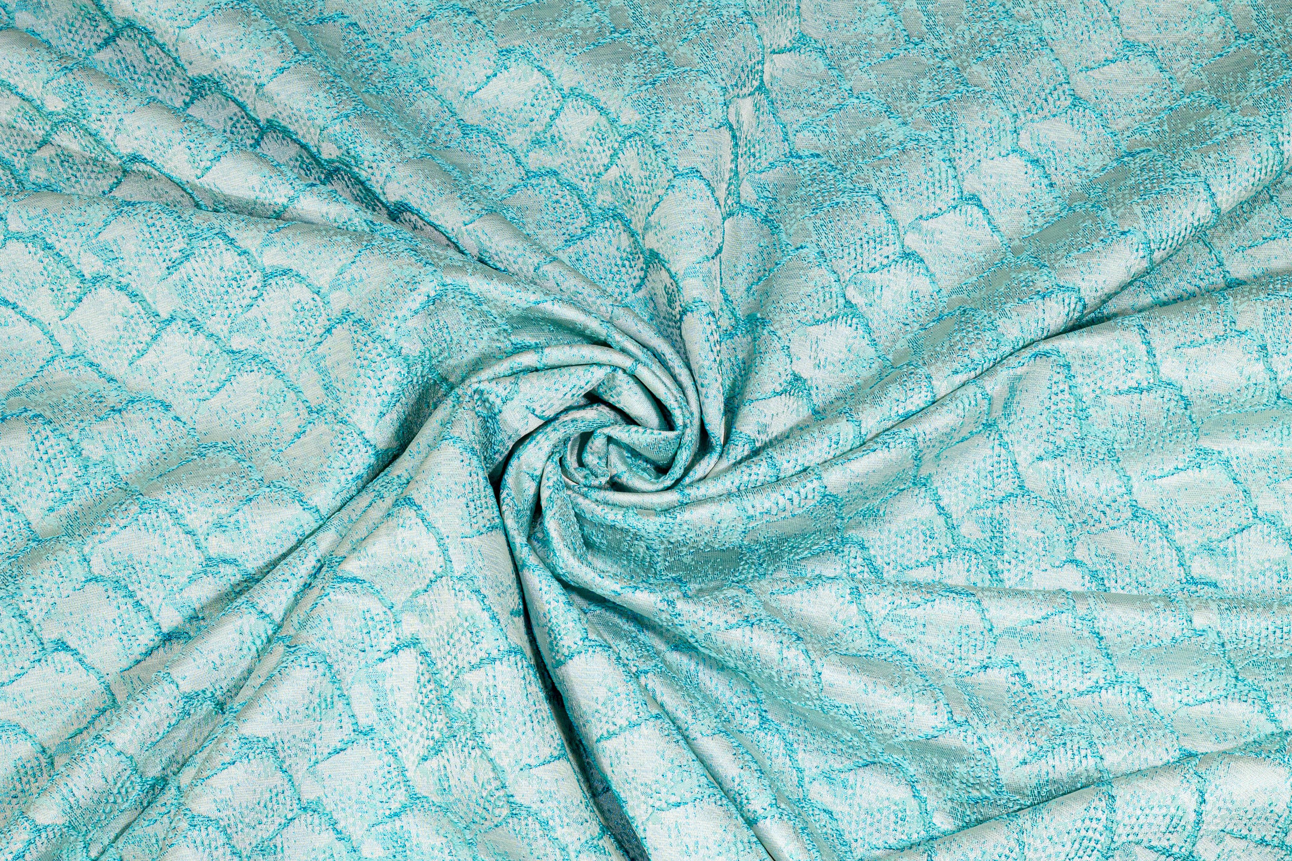 Turquoise Blue Metallic Fish Scale Design Brocade - Prime Fabrics
