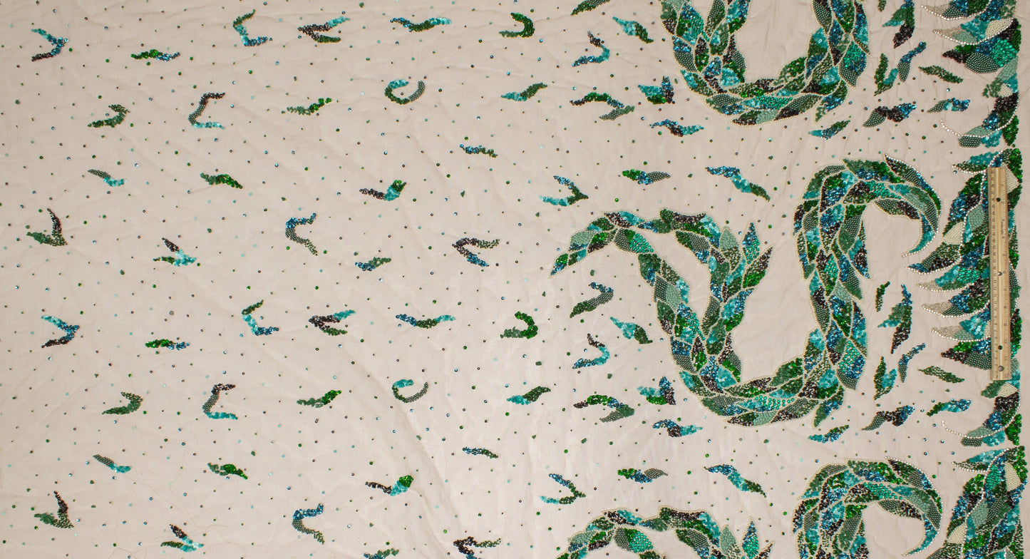 Snake Design Hand Beaded, Embroidered, and Sequined Mesh - Green/Teal - Prime Fabrics