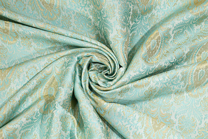 Turquoise and Gold Metallic Damask Brocade - Prime Fabrics
