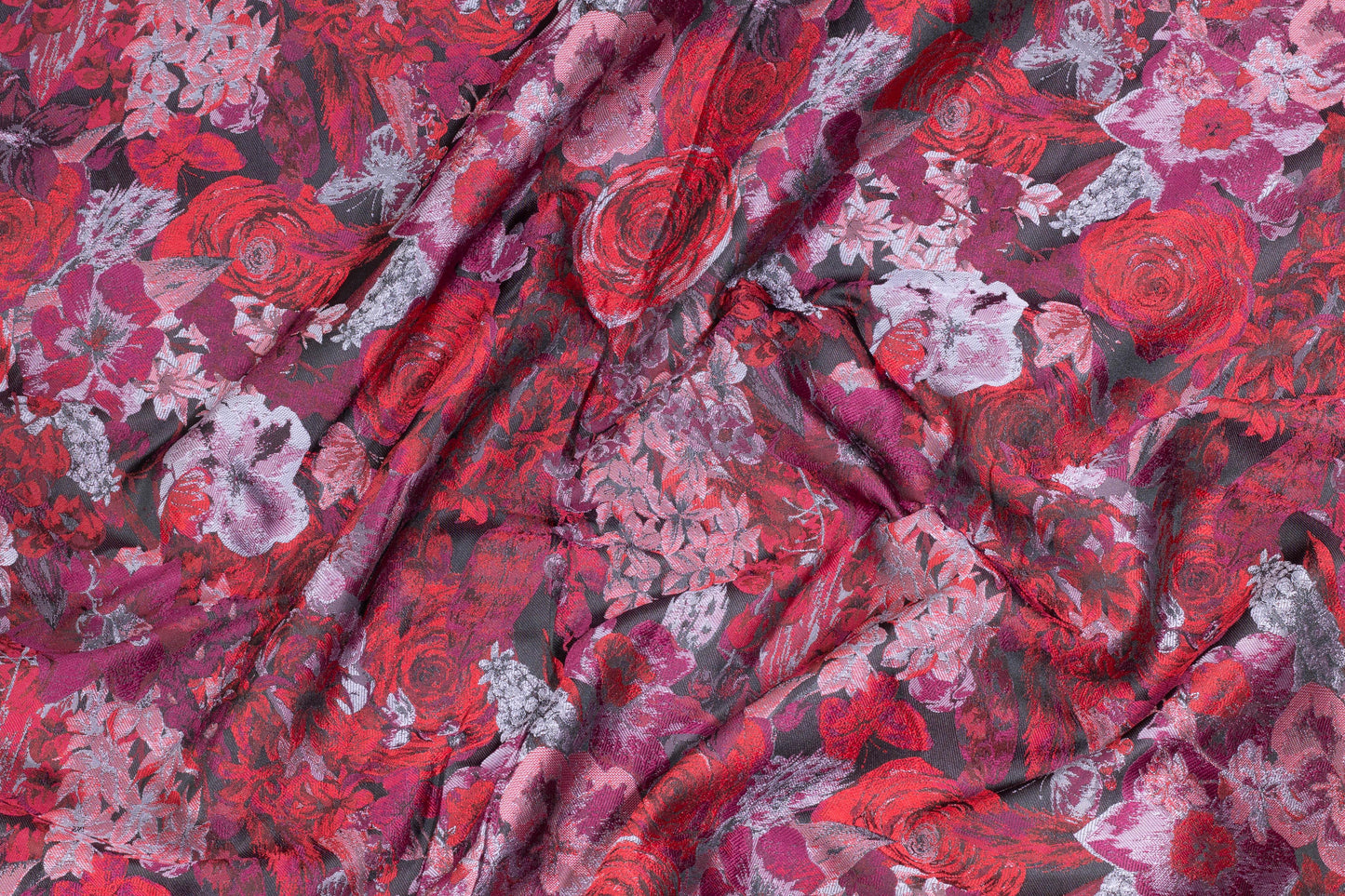 Red, Gray and Maroon Floral Brocade - Prime Fabrics