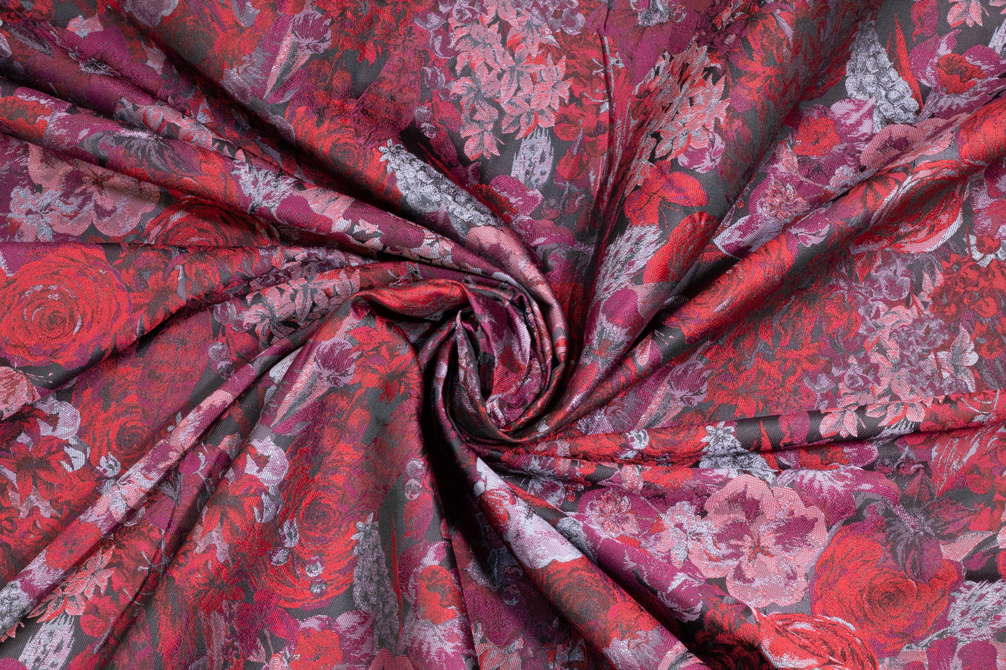 Red, Gray and Maroon Floral Brocade - Prime Fabrics