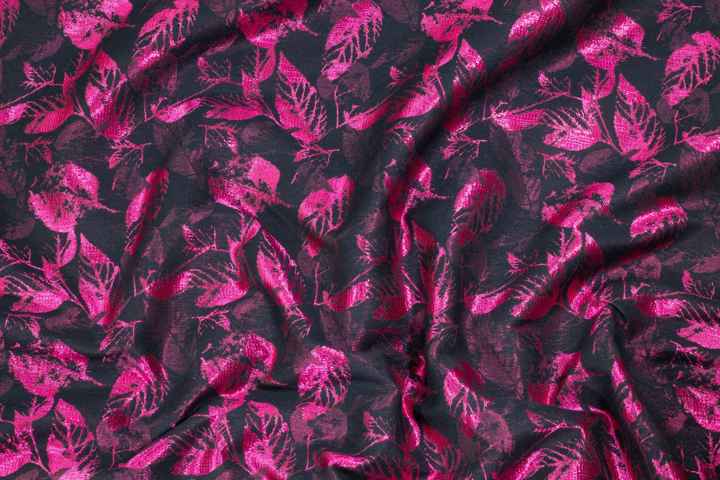Magenta and Black Leaf Design Brocade - Prime Fabrics
