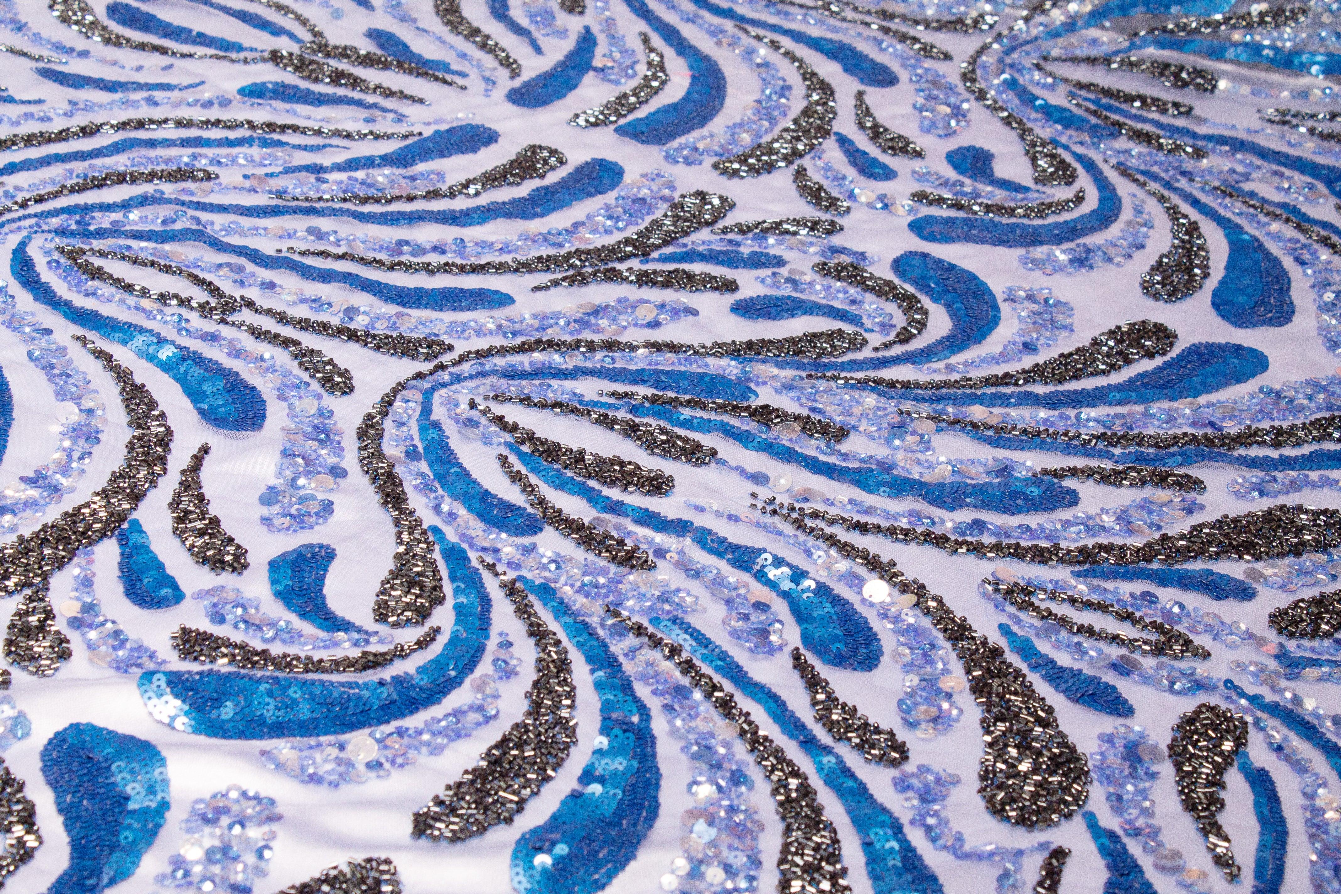 Hand Beaded and Sequined Mesh - Blue - Prime Fabrics