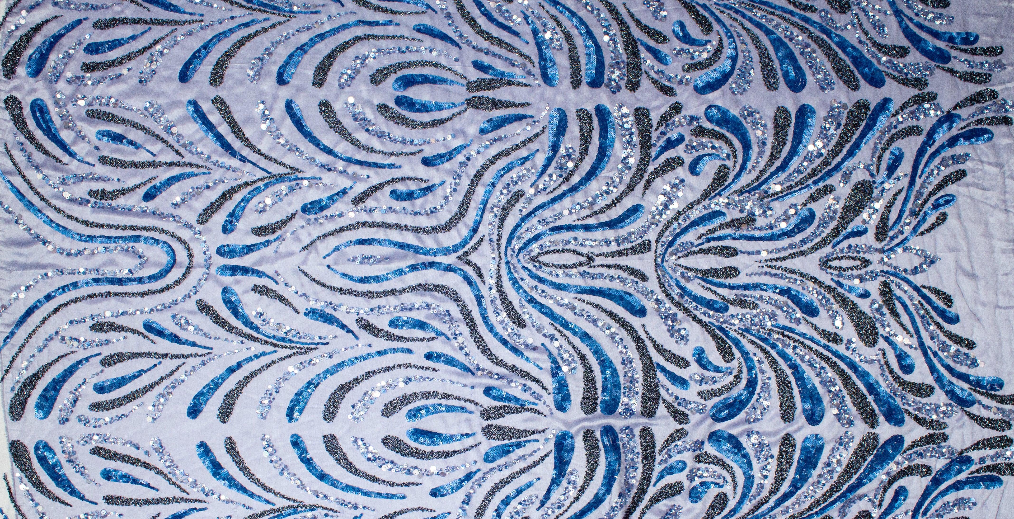 Hand Beaded and Sequined Mesh - Blue - Prime Fabrics