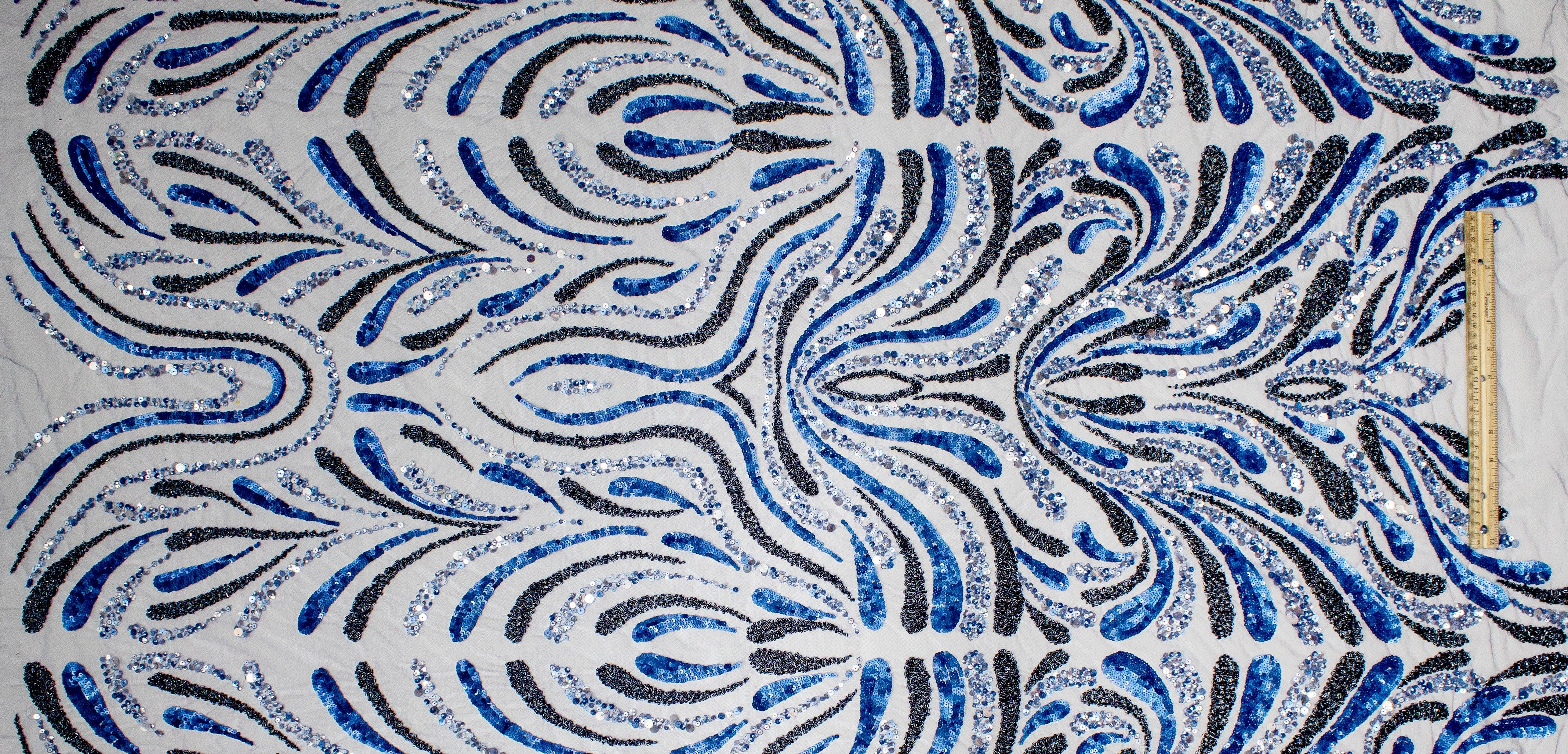Hand Beaded and Sequined Mesh - Blue - Prime Fabrics
