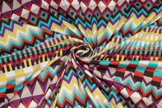 Multicolor Geometric Italian Cotton - Turquoise, Yellow, Purple, Taupe, Red - Prime Fabrics