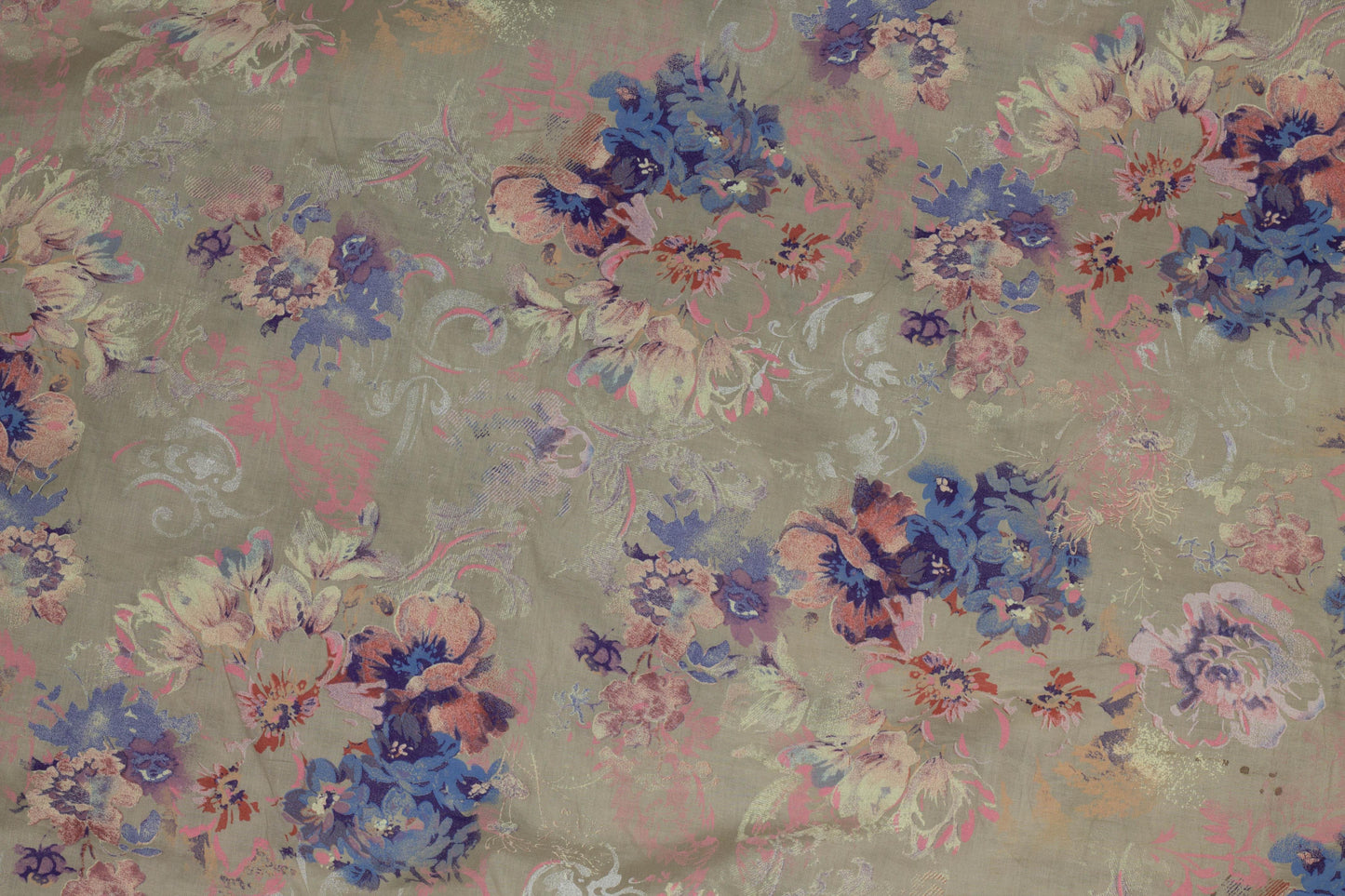 Taupe, Blue, Pink Floral Italian Cotton Voile - Prime Fabrics