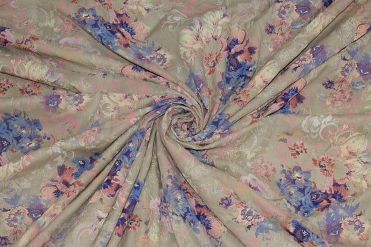 Taupe, Blue, Pink Floral Italian Cotton Voile - Prime Fabrics