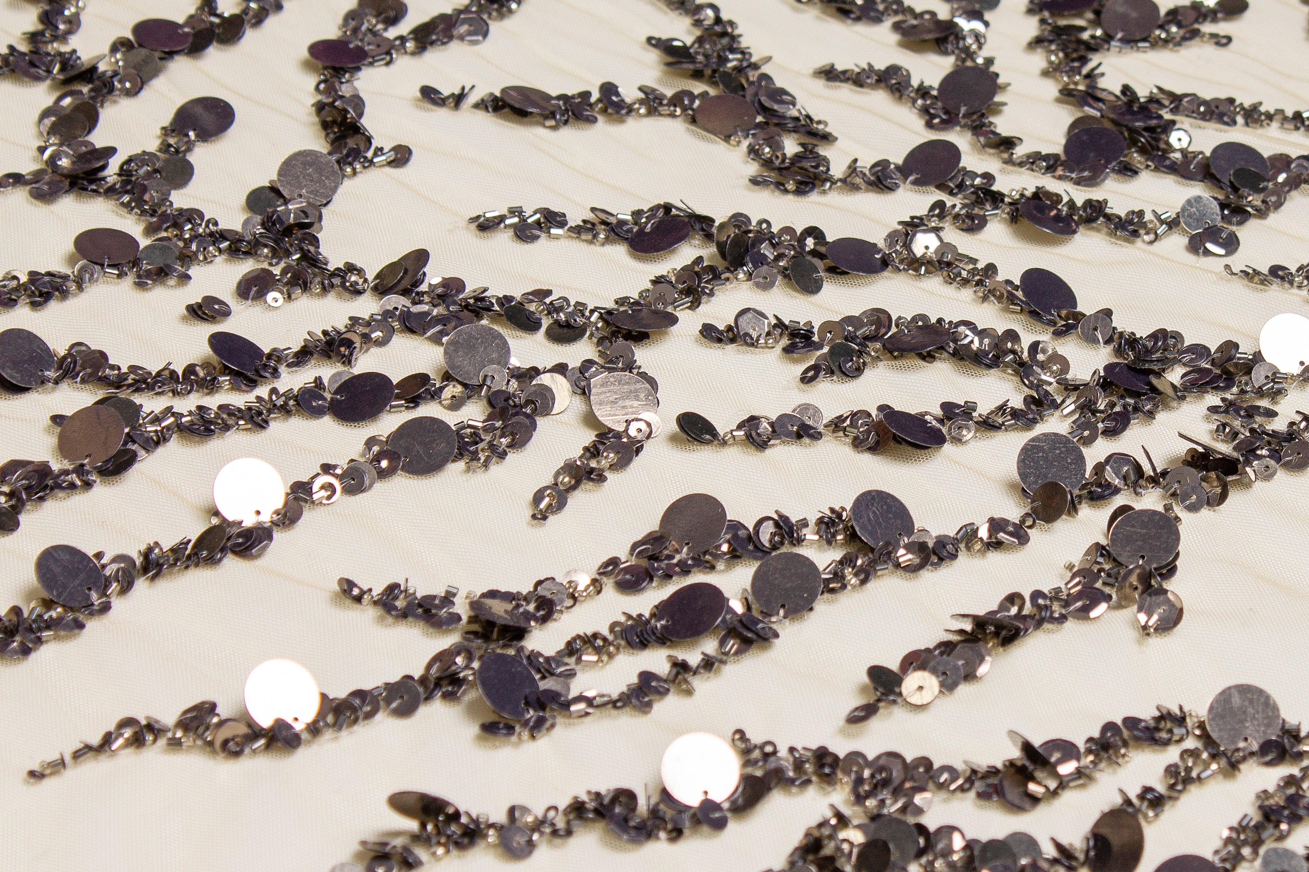 Branch Design Hand Beaded and Sequined Mesh - Charcoal Gray and Beige - Prime Fabrics