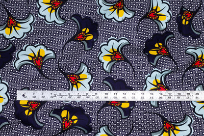 Navy Blue Floral Italian Stretch Cotton Sateen - Prime Fabrics