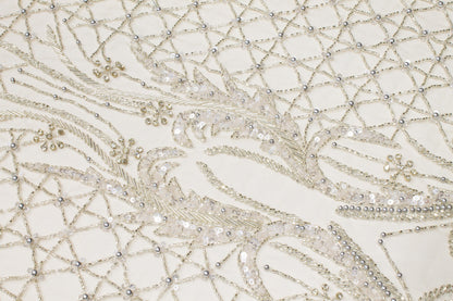 Hand Beaded and Sequined Mesh - Silver Nude Skin - Prime Fabrics