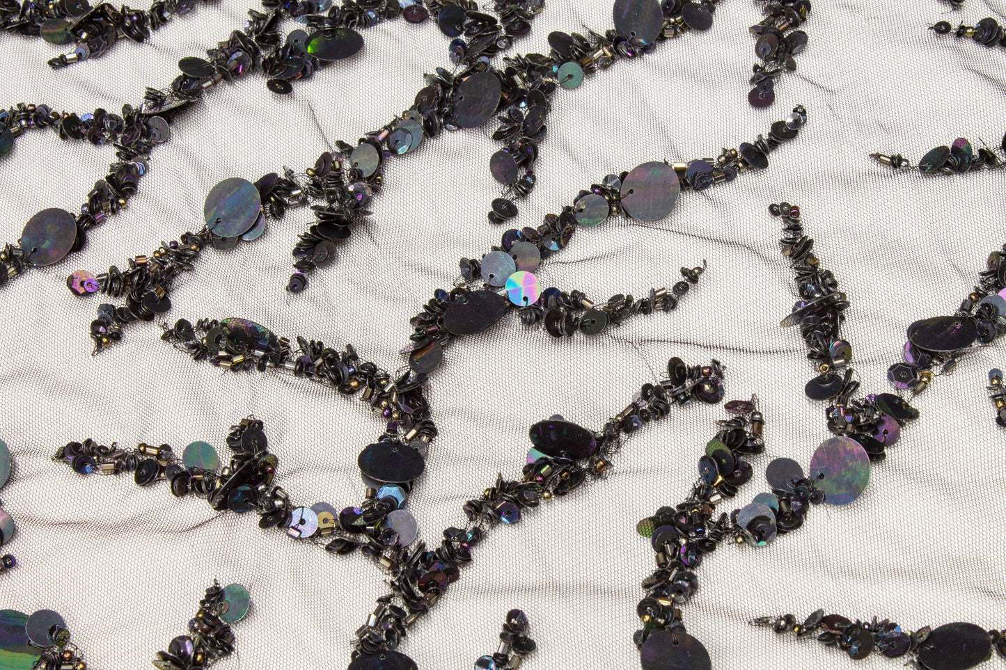 Branch Design Hand Beaded and Sequined Mesh - Black Iridescent - Prime Fabrics