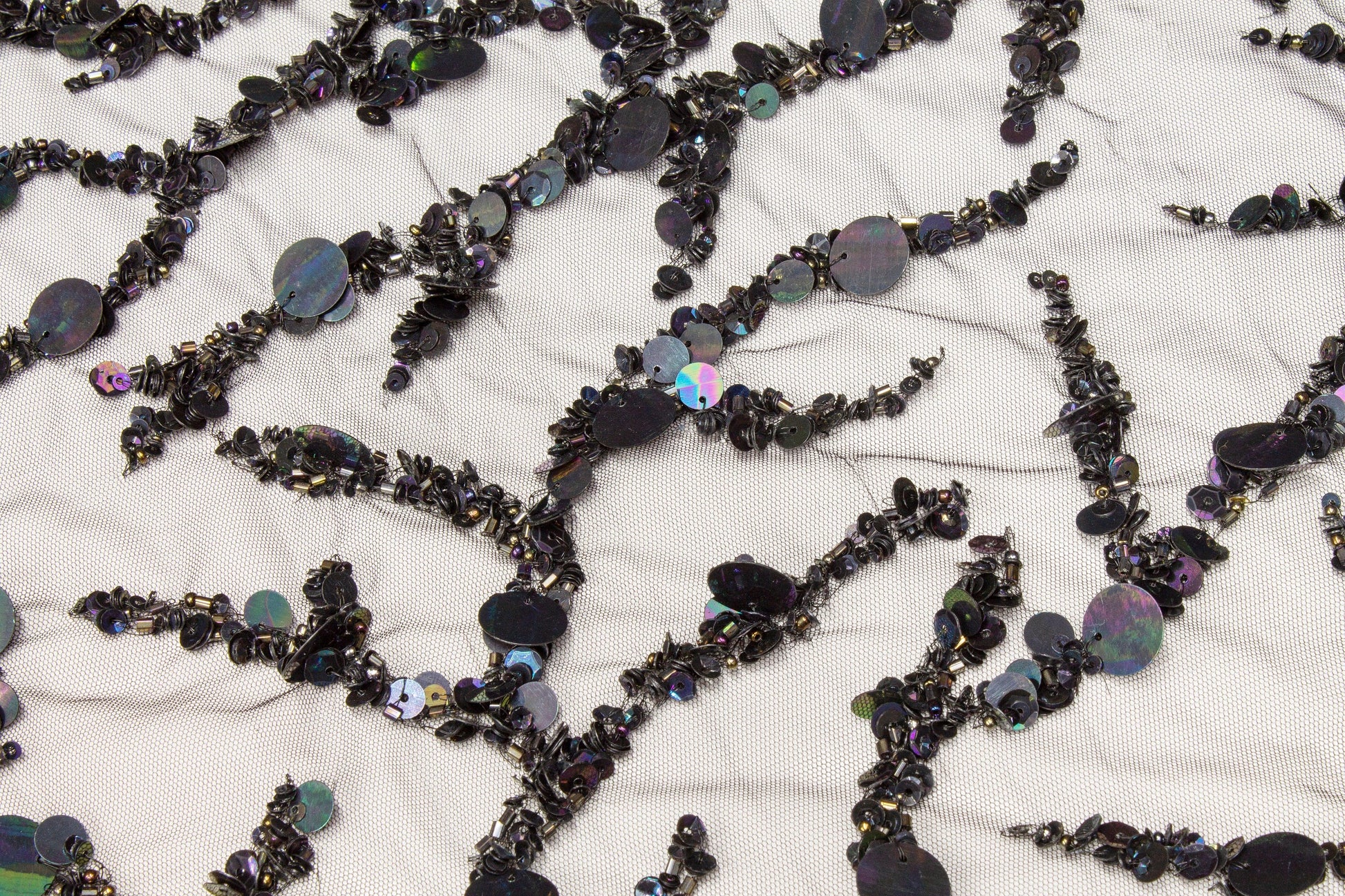 Branch Design Hand Beaded and Sequined Mesh - Black Iridescent - Prime Fabrics