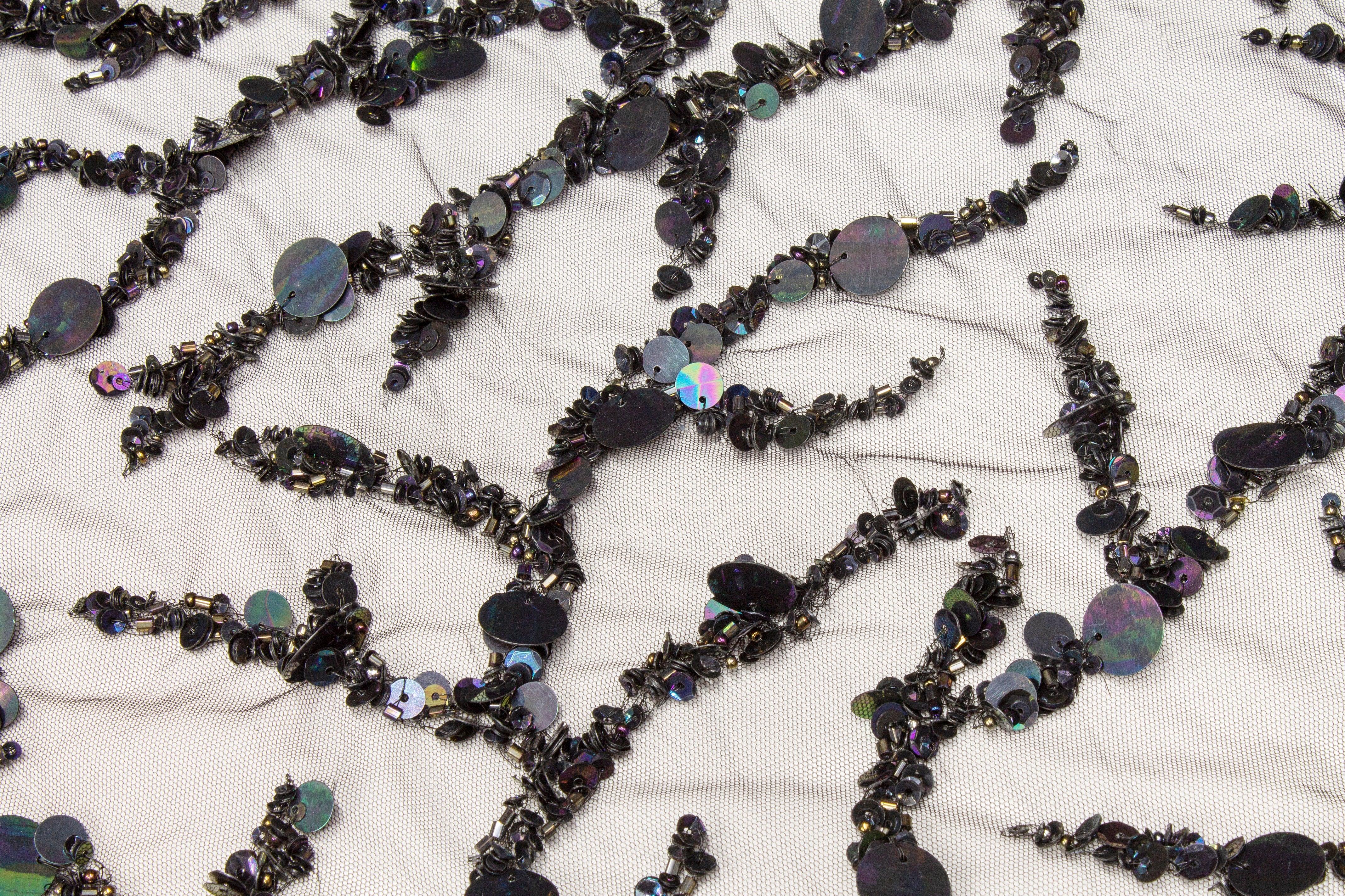 Branch Design Hand Beaded and Sequined Mesh - Black Iridescent - Prime Fabrics