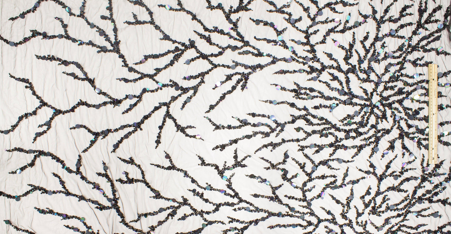 Branch Design Hand Beaded and Sequined Mesh - Black Iridescent - Prime Fabrics