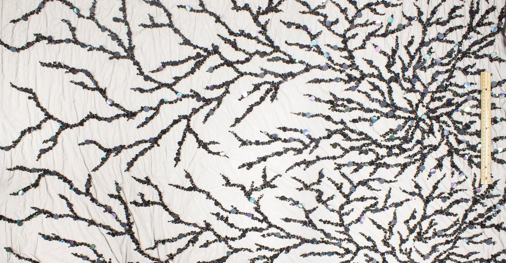 Branch Design Hand Beaded and Sequined Mesh - Black Iridescent - Prime Fabrics