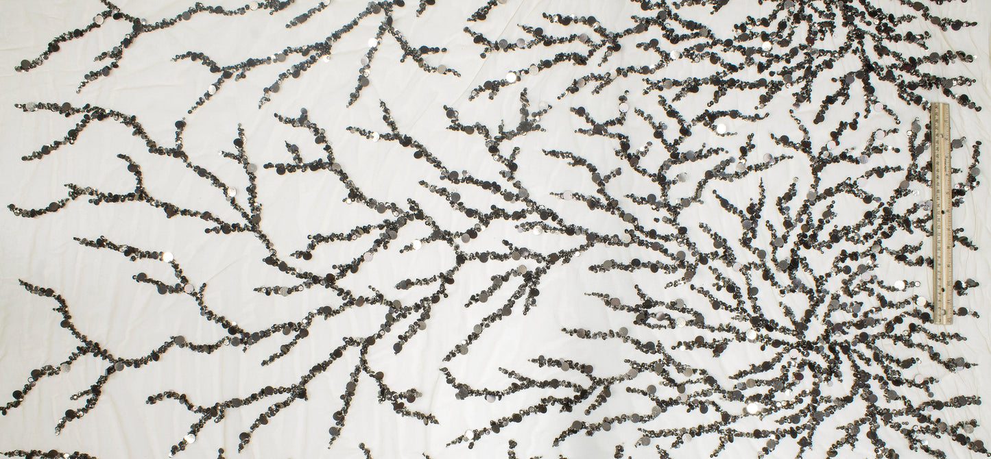 Branch Design Hand Beaded and Sequined Mesh - Charcoal Gray and Beige - Prime Fabrics
