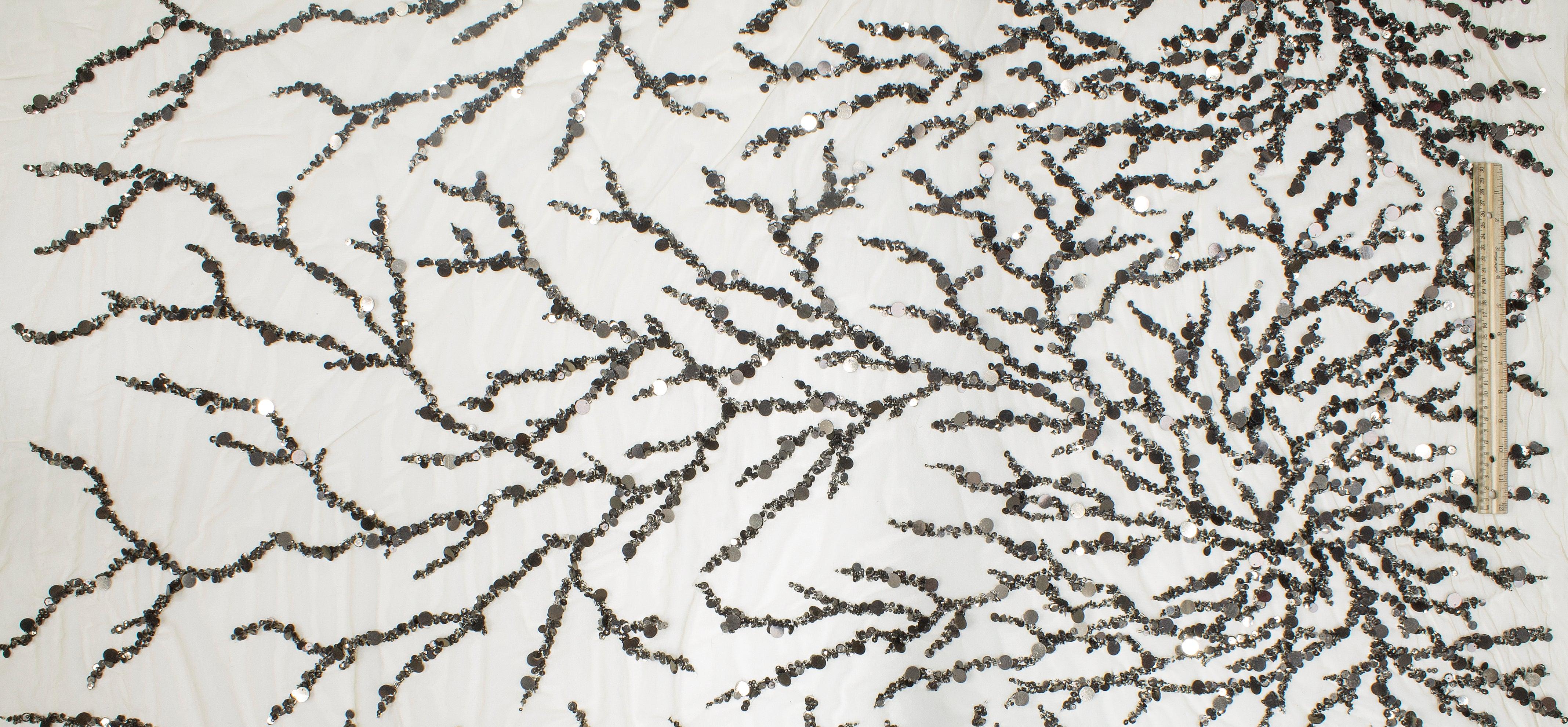 Branch Design Hand Beaded and Sequined Mesh - Charcoal Gray and Beige - Prime Fabrics