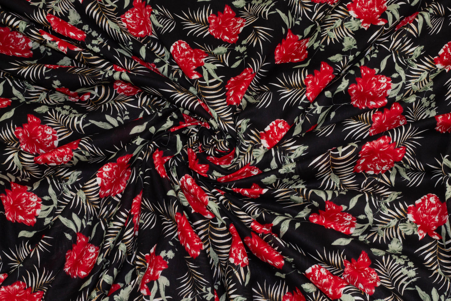Black, Red, and Green Floral French Cotton Voile - Prime Fabrics