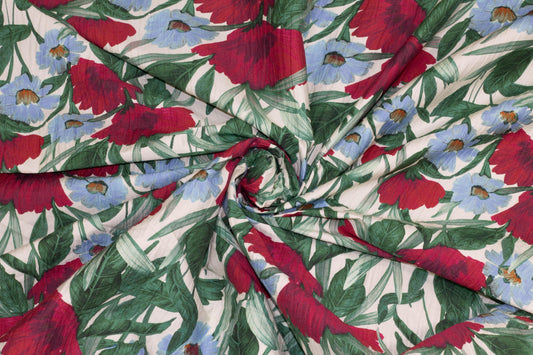 Red, Blue and Green Floral Crushed Stretch Cotton - Prime Fabrics