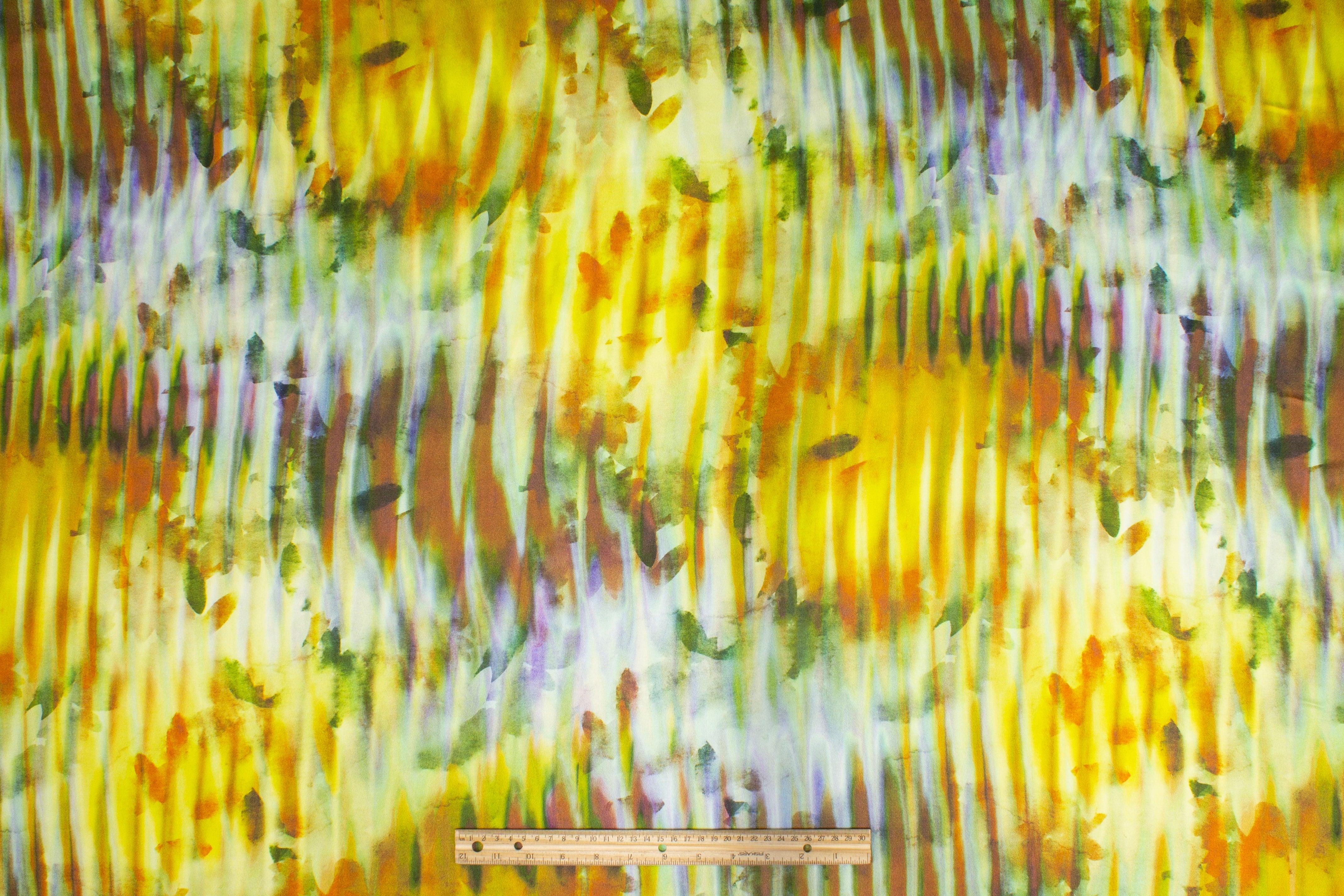 Abstract Watercolor Italian Silk Charmeuse - Yellow/Green - Prime Fabrics