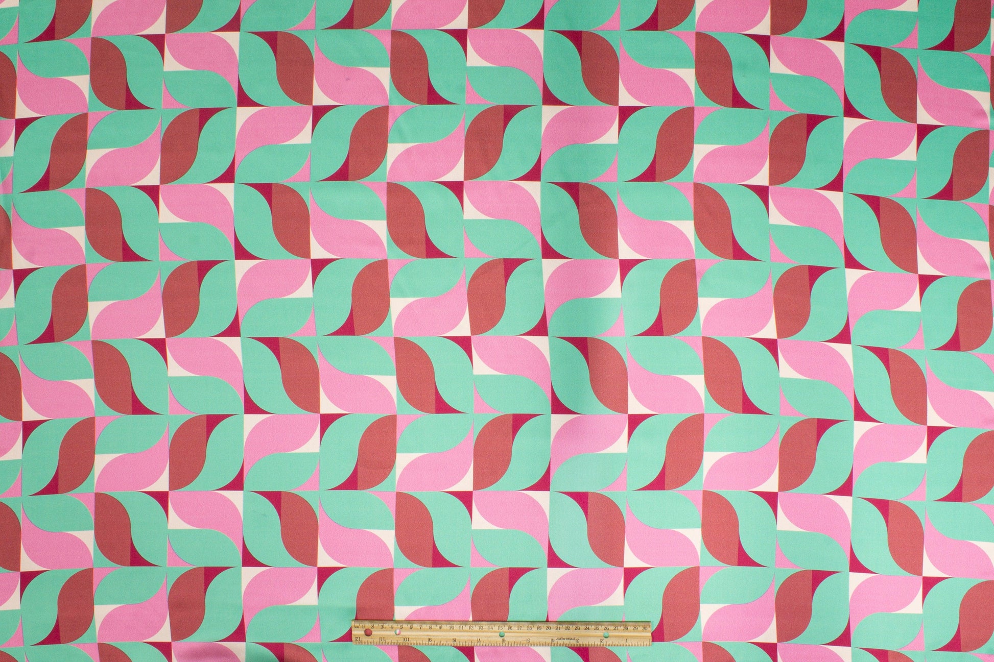 Geometric Italian Silk Charmeuse - Mint Green and Pink - Prime Fabrics