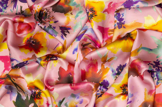 Watercolor Floral Tie-Dye Italian Silk Charmeuse - Pink Multicolor - Prime Fabrics