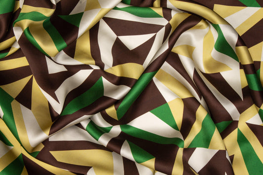 Geometric Italian Silk Charmeuse - Green, Brown, Gold - Prime Fabrics