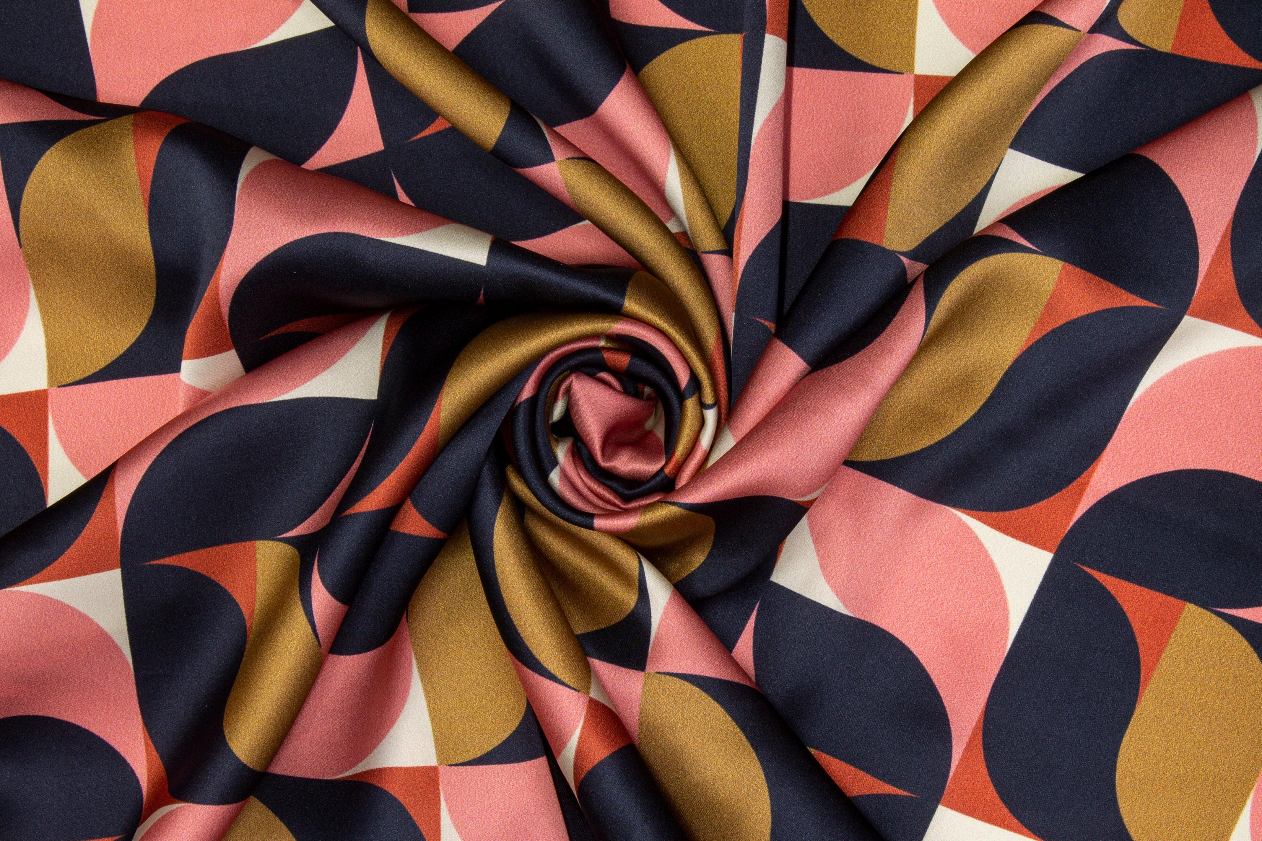 Geometric Italian Silk Charmeuse - Navy, Pink, Gold - Prime Fabrics