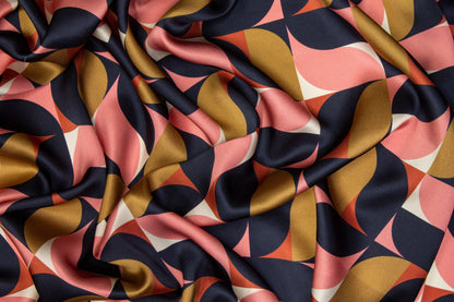 Geometric Italian Silk Charmeuse - Navy, Pink, Gold - Prime Fabrics