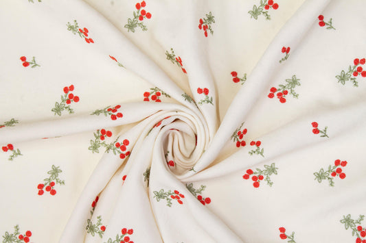 Embroidered Italian Crepe - Ivory, Red, Green - Prime Fabrics