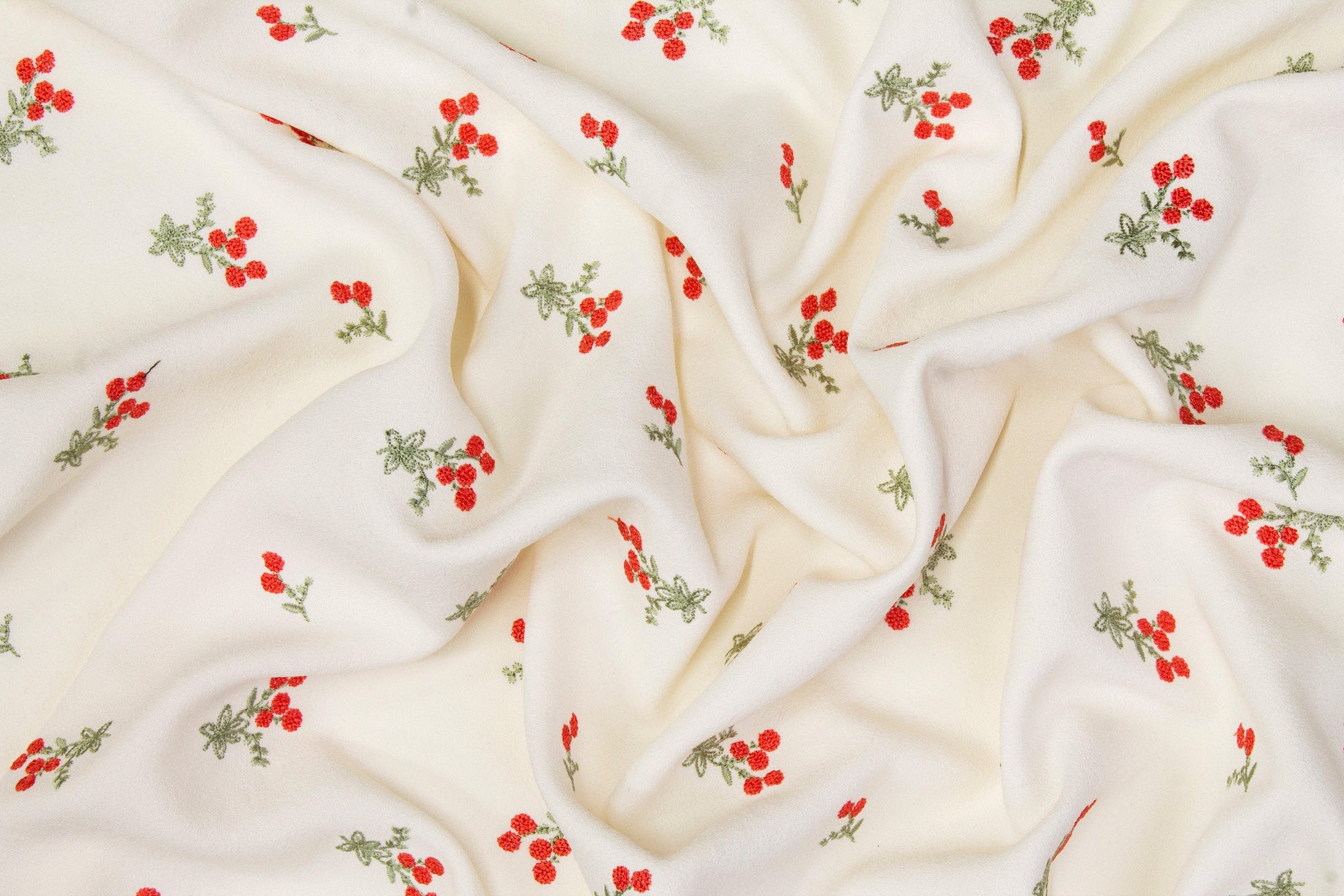 Embroidered Italian Crepe - Ivory, Red, Green - Prime Fabrics