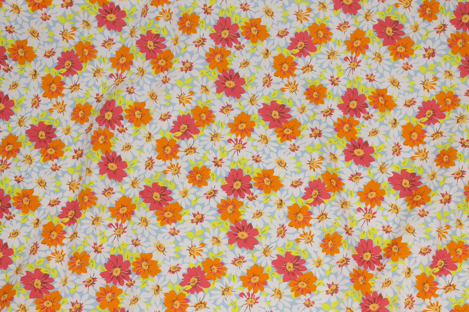 Orange, Yellow, White and Blue Daisy Floral Italian Cotton - Prime Fabrics