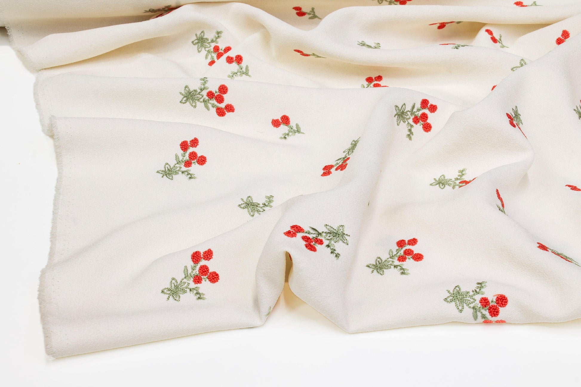 Embroidered Italian Crepe - Ivory, Red, Green - Prime Fabrics