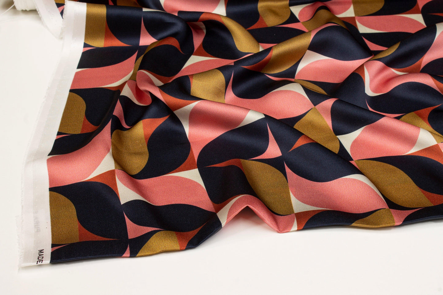 Geometric Italian Silk Charmeuse - Navy, Pink, Gold - Prime Fabrics