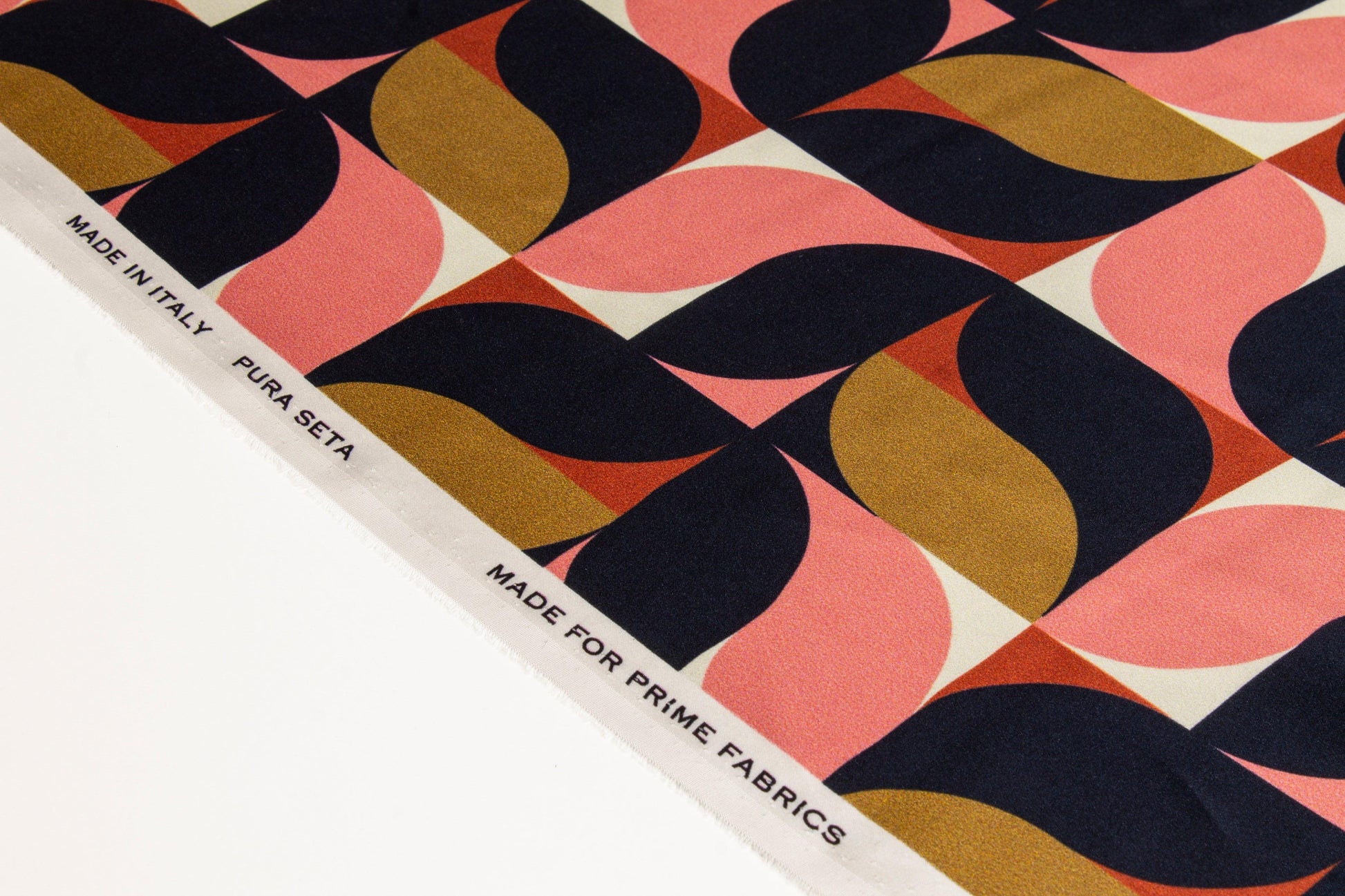 Geometric Italian Silk Charmeuse - Navy, Pink, Gold - Prime Fabrics