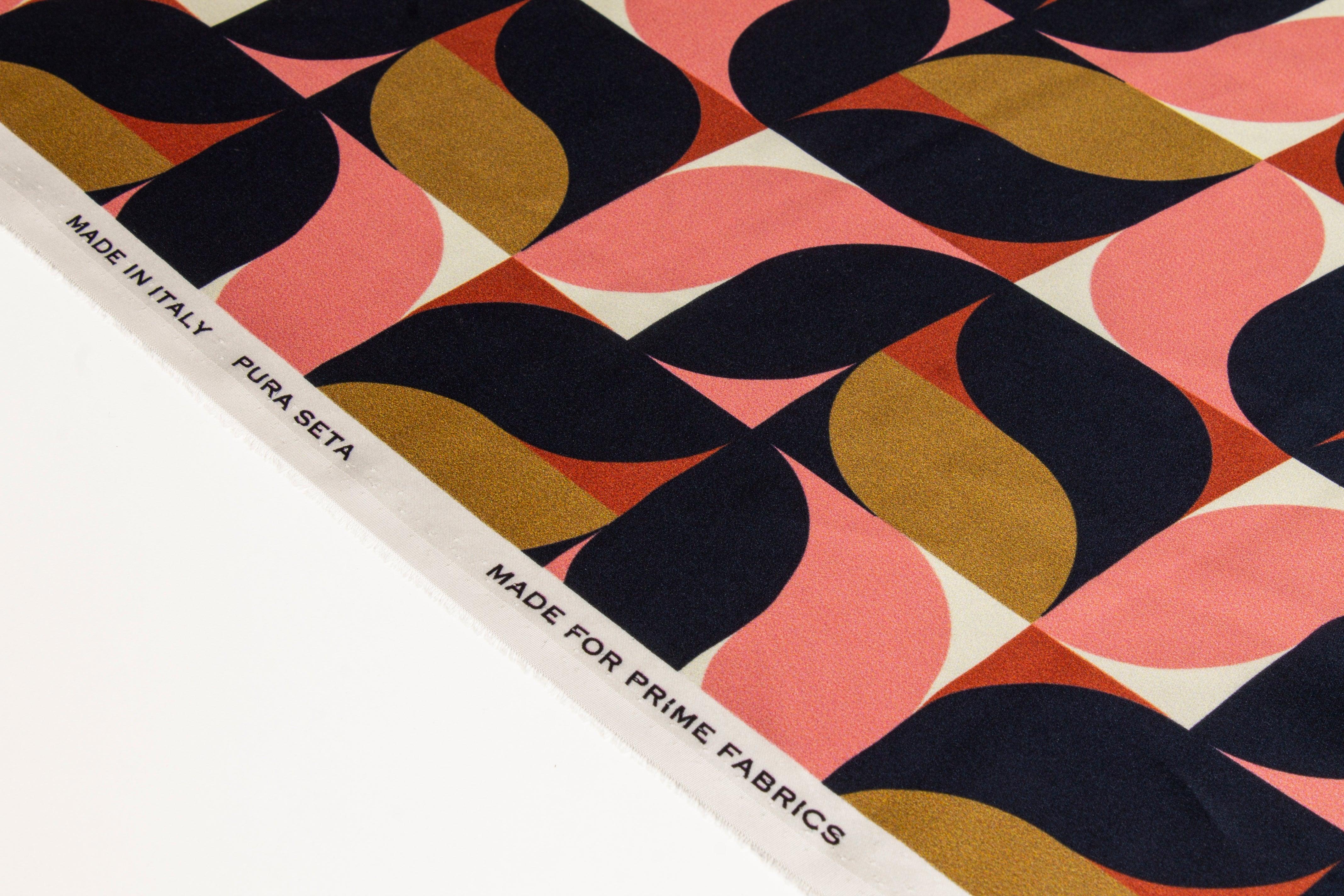 Geometric Italian Silk Charmeuse - Navy, Pink, Gold - Prime Fabrics