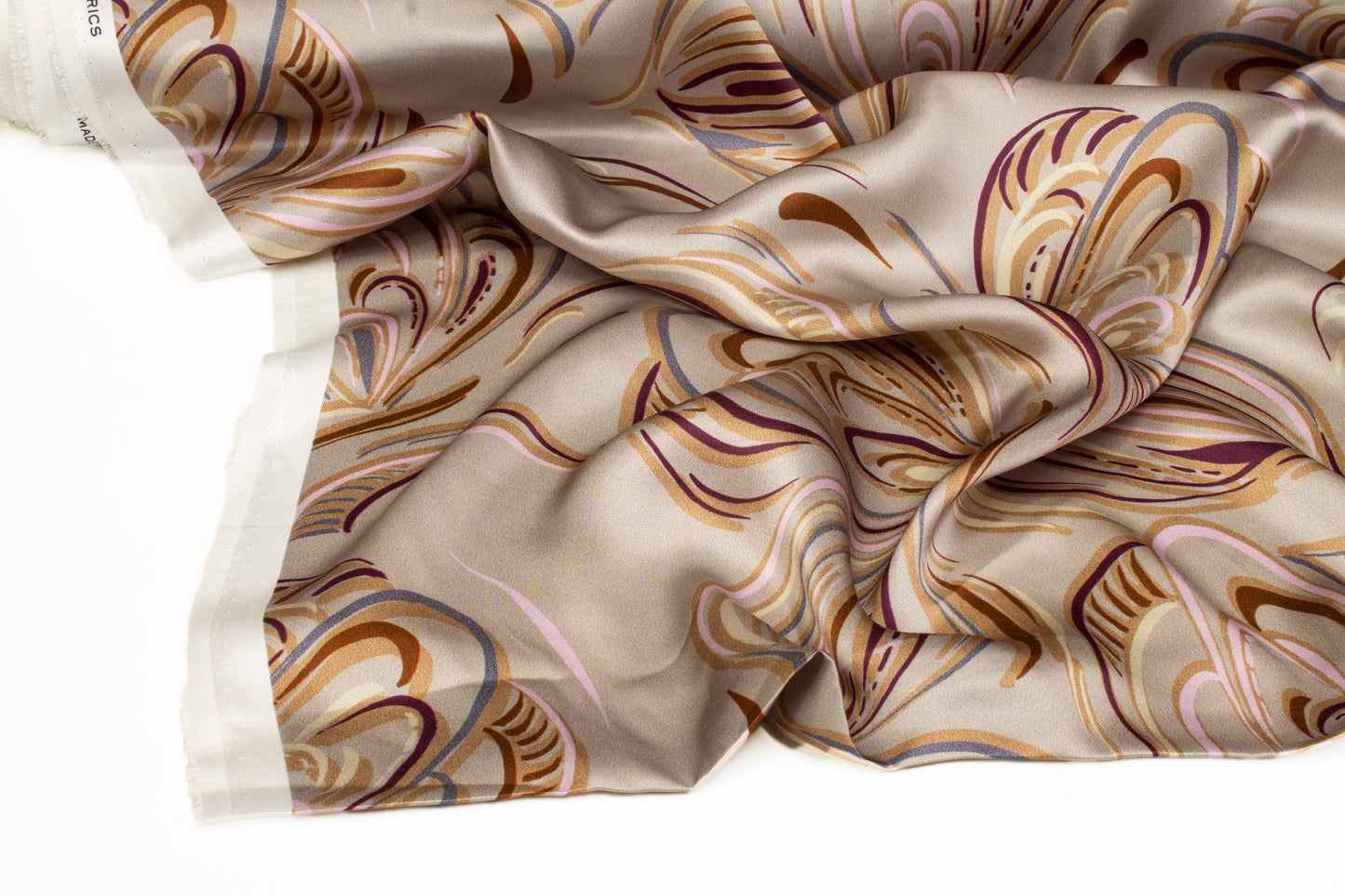 Abstract Floral Italian Silk Charmeuse - Taupe - Prime Fabrics